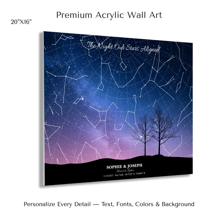 Personalized star map wall art with customizable background, title, names, date, location, and coordinates - 20x16 acrylic print with french cleat-ARTFULANE