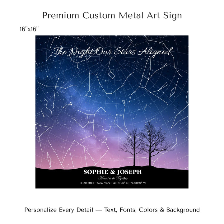 Personalized star map wall art with customizable background, title, names, date, location, and coordinates - 16x16 metal art sign-ARTFULANE