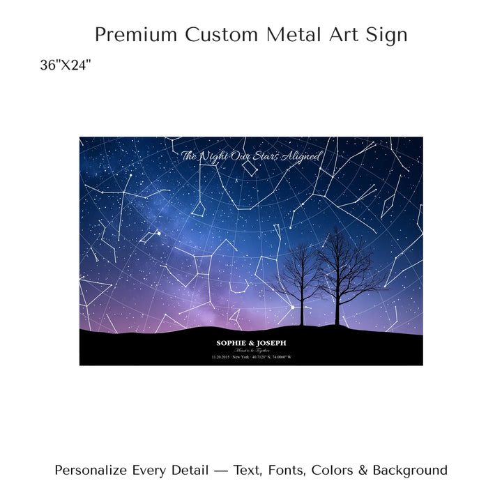 Personalized star map wall art with customizable background, title, names, date, location, and coordinates - 36x24 metal art sign-ARTFULANE