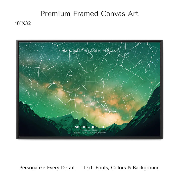 Personalized star map wall art with customizable background, title, names, date, location, and coordinates - 48x32 framed canvas-ARTFULANE