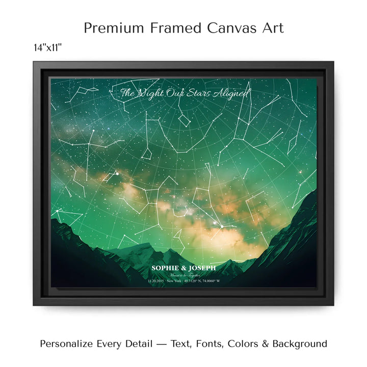 Personalized star map wall art with customizable background, title, names, date, location, and coordinates - 14x11 framed canvas-ARTFULANE
