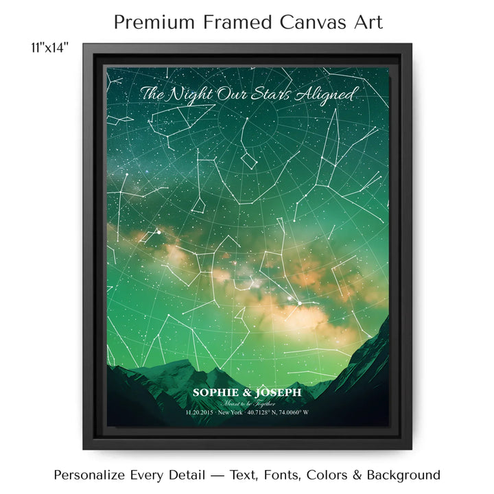 Personalized star map wall art with customizable background, title, names, date, location, and coordinates - 11x14 framed canvas-ARTFULANE