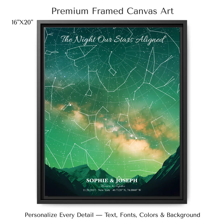 Personalized star map wall art with customizable background, title, names, date, location, and coordinates - 16x20 framed canvas-ARTFULANE