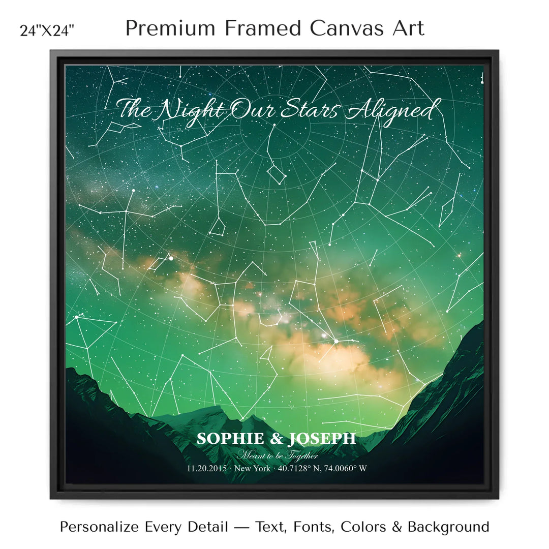 Personalized star map wall art with customizable background, title, names, date, location, and coordinates - 24x24 framed canvas-ARTFULANE