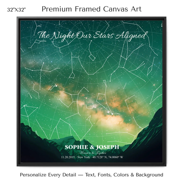 Personalized star map wall art with customizable background, title, names, date, location, and coordinates - 32x32 framed canvas-ARTFULANE