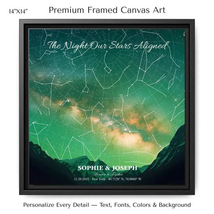 Personalized star map wall art with customizable background, title, names, date, location, and coordinates - 14x14 framed canvas-ARTFULANE