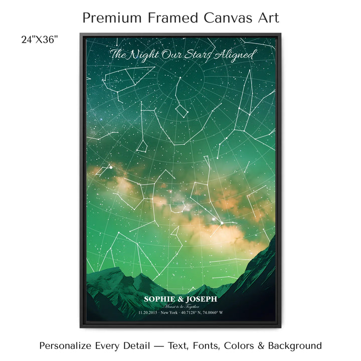 Personalized star map wall art with customizable background, title, names, date, location, and coordinates - 24x36 framed canvas-ARTFULANE