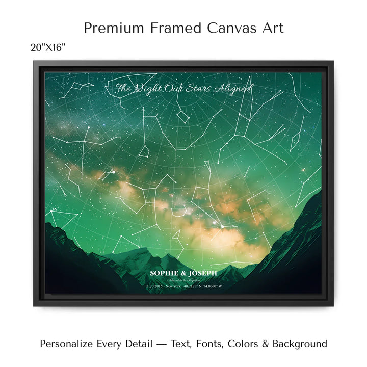 Personalized star map wall art with customizable background, title, names, date, location, and coordinates - 20x16 framed canvas-ARTFULANE