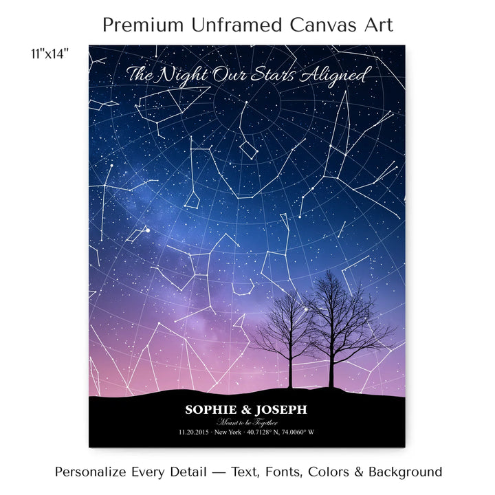 Personalized star map wall art with customizable background, title, names, date, location, and coordinates - 11x14 stretched canvas-ARTFULANE