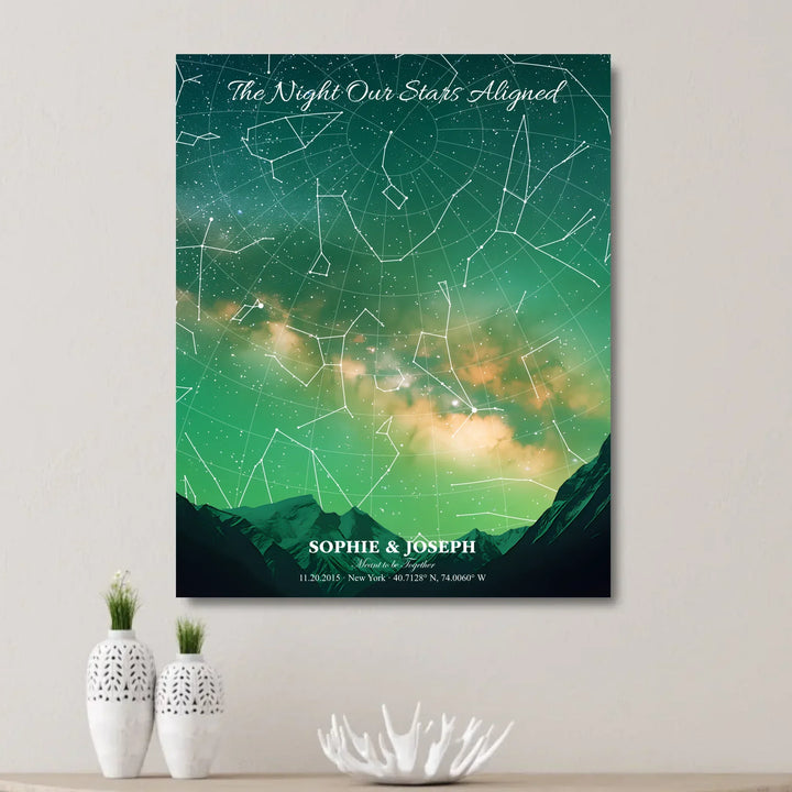 Personalized star map wall art with customizable background, title, names, date, location, and coordinates - unframed canvas on wall-ARTFULANE