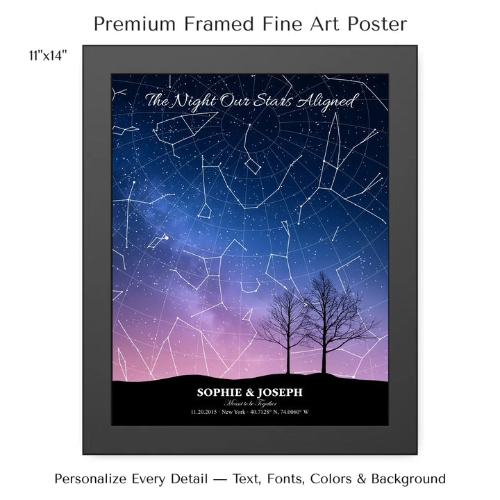 Personalized star map wall art with customizable background, title, names, date, location, and coordinates - 11x14 framed poster-ARTFULANE