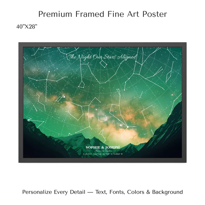 Personalized star map wall art with customizable background, title, names, date, location, and coordinates - 40x28 framed poster-ARTFULANE
