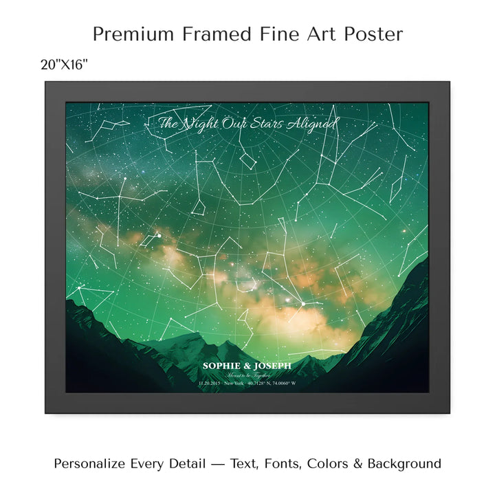 Personalized star map wall art with customizable background, title, names, date, location, and coordinates - 20x16 framed poster-ARTFULANE