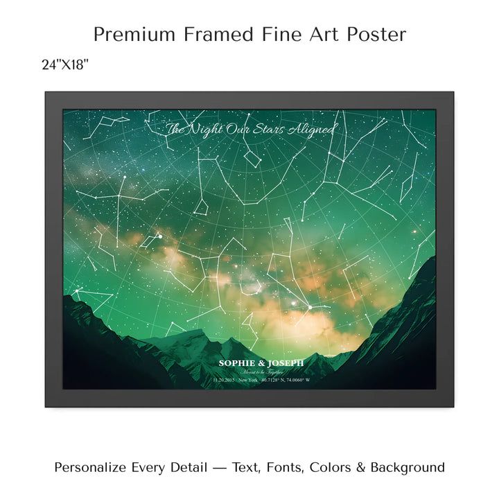 Personalized star map wall art with customizable background, title, names, date, location, and coordinates - 24x18 framed poster-ARTFULANE