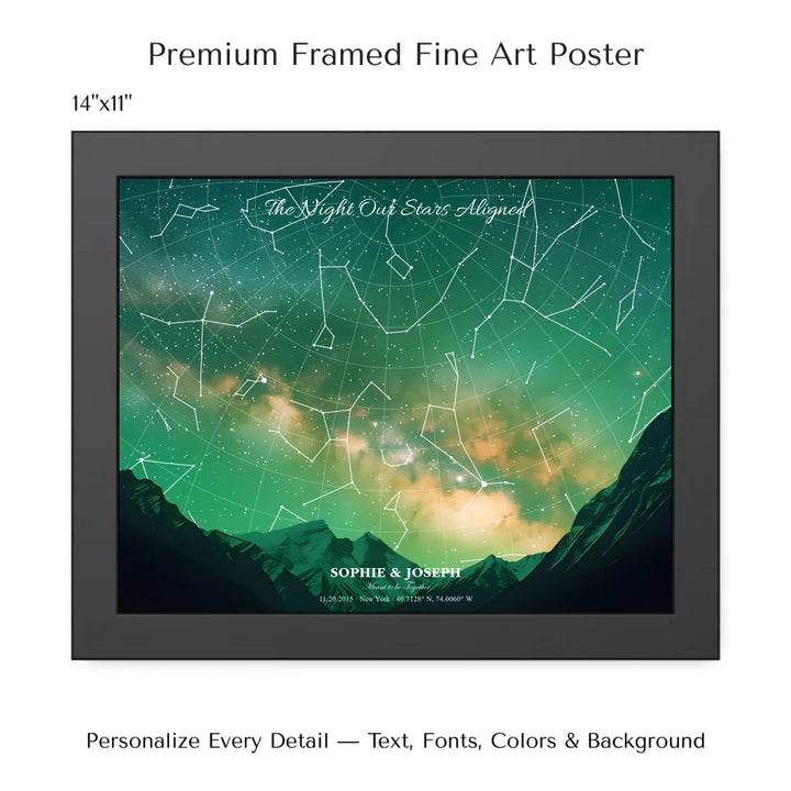 Personalized star map wall art with customizable background, title, names, date, location, and coordinates - 14x11 framed poster-ARTFULANE