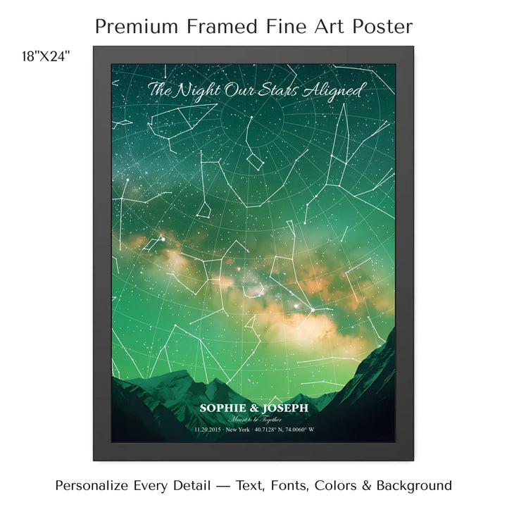 Personalized star map wall art with customizable background, title, names, date, location, and coordinates - 18x24 framed poster-ARTFULANE