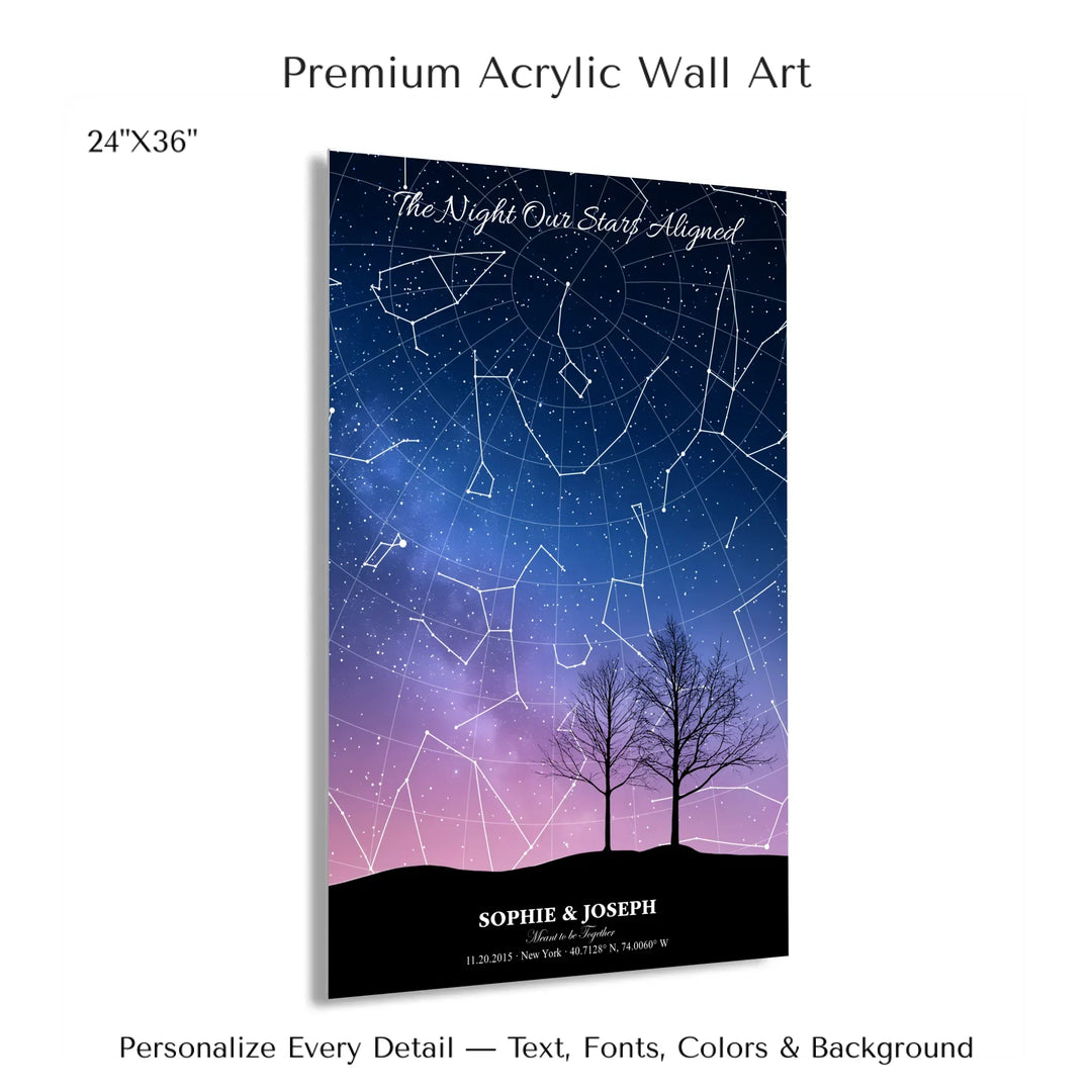 Personalized star map wall art with customizable background, title, names, date, location, and coordinates - 24x36 acrylic print with french cleat-ARTFULANE