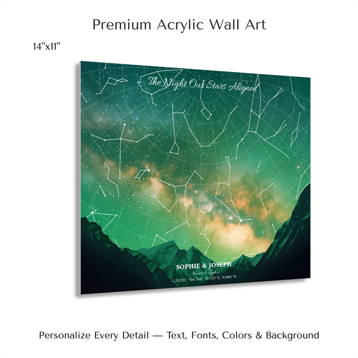 Personalized star map wall art with customizable background, title, names, date, location, and coordinates - 14x11 acrylic print with french cleat-ARTFULANE