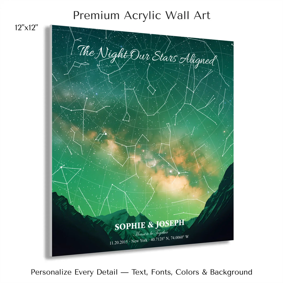 Personalized star map wall art with customizable background, title, names, date, location, and coordinates - 12x12 acrylic print with french cleat-ARTFULANE