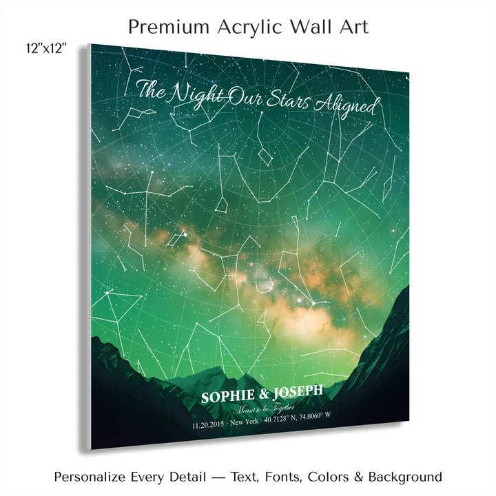 Personalized star map wall art with customizable background, title, names, date, location, and coordinates - 12x12 acrylic print with french cleat-ARTFULANE