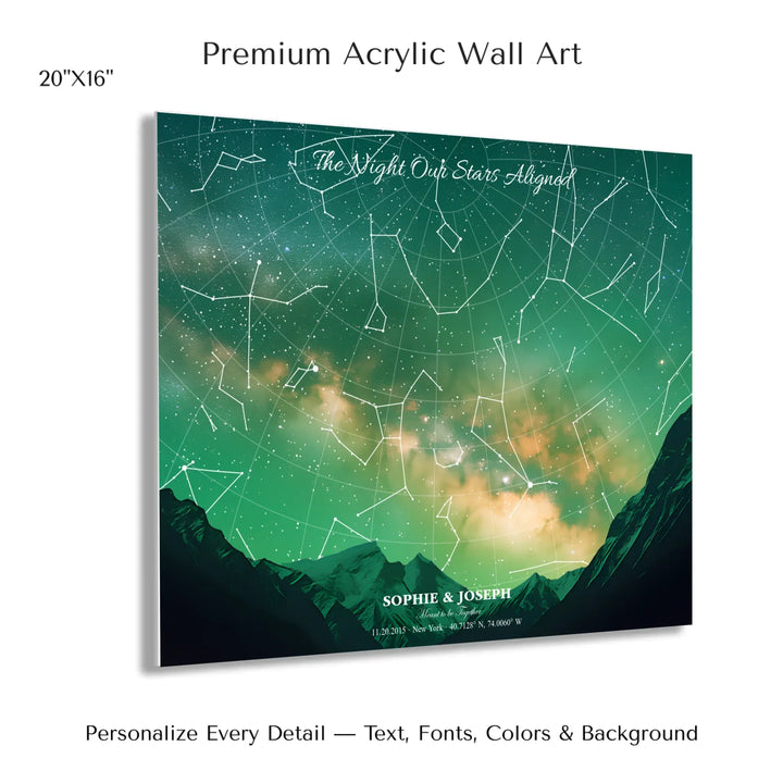 Personalized star map wall art with customizable background, title, names, date, location, and coordinates - 20x16 acrylic print with french cleat-ARTFULANE