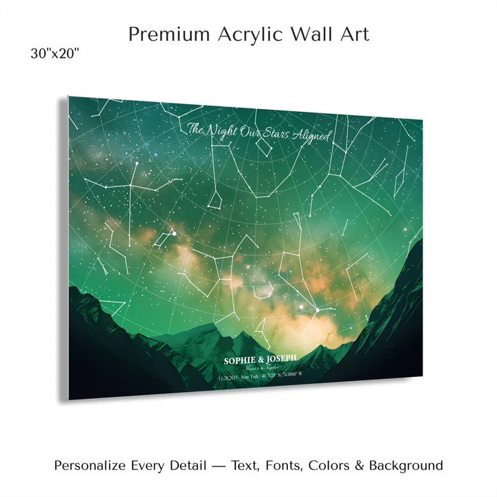 Personalized star map wall art with customizable background, title, names, date, location, and coordinates - 30x20 acrylic print with french cleat-ARTFULANE