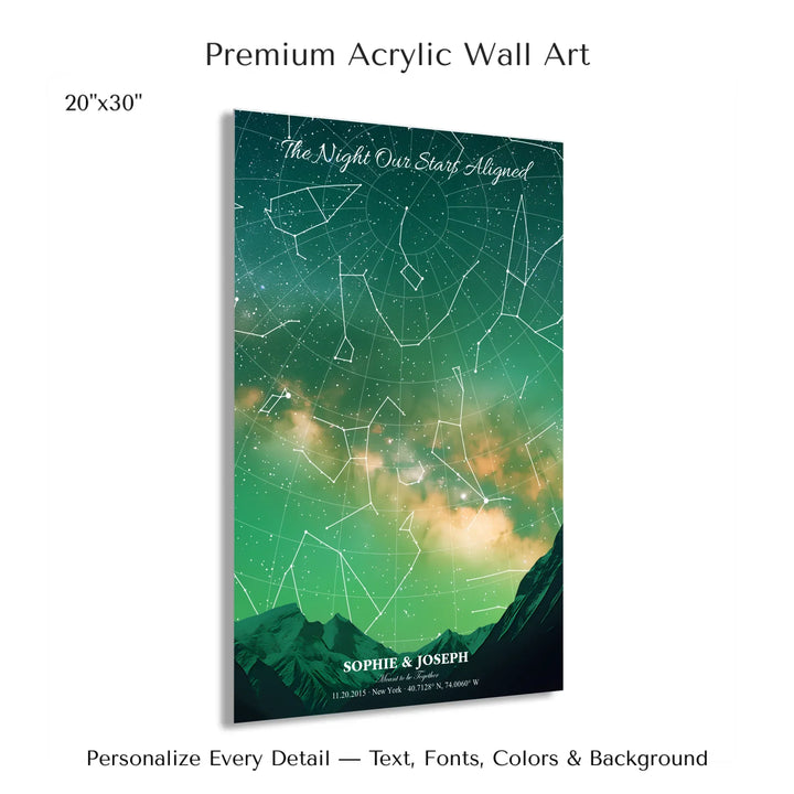 Personalized star map wall art with customizable background, title, names, date, location, and coordinates - 20x30 acrylic print with french cleat-ARTFULANE