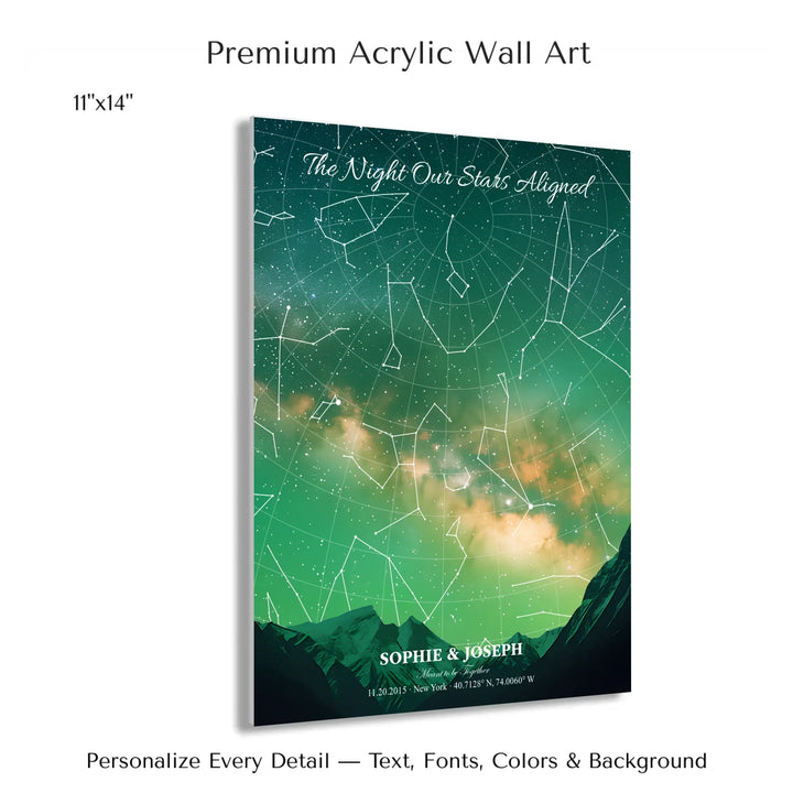 Personalized star map wall art with customizable background, title, names, date, location, and coordinates - 11x14 acrylic print with french cleat-ARTFULANE