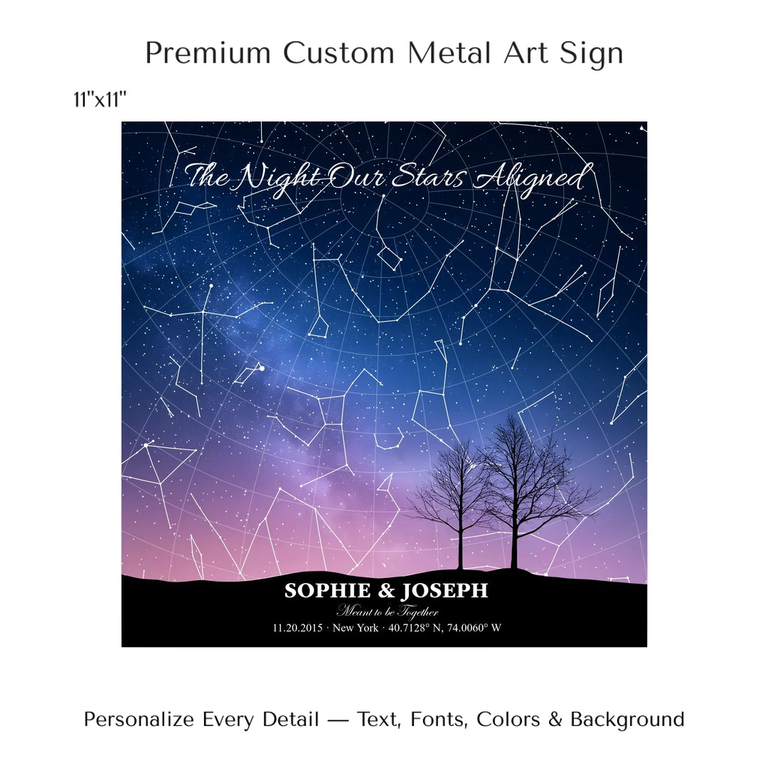 Personalized star map wall art with customizable background, title, names, date, location, and coordinates - 11x11 metal art sign-ARTFULANE