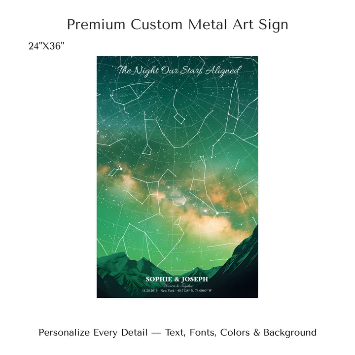 Personalized star map wall art with customizable background, title, names, date, location, and coordinates - 24x36 metal art sign-ARTFULANE