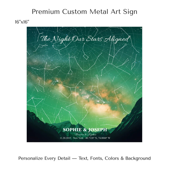 Personalized star map wall art with customizable background, title, names, date, location, and coordinates - 16x16 metal art sign-ARTFULANE