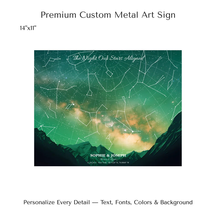Personalized star map wall art with customizable background, title, names, date, location, and coordinates - 14x11 metal art sign-ARTFULANE