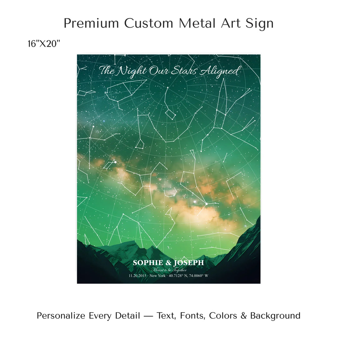 Personalized star map wall art with customizable background, title, names, date, location, and coordinates - 16x20 metal art sign-ARTFULANE