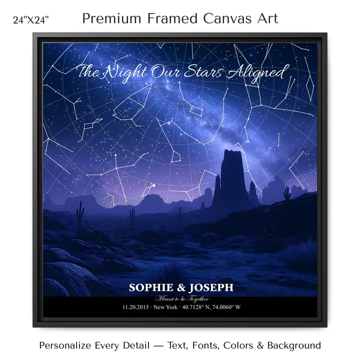 Personalized star map wall art with customizable background, title, names, date, location, and coordinates - 24x24 framed canvas-ARTFULANE