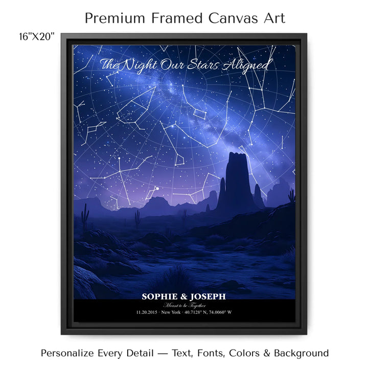 Personalized star map wall art with customizable background, title, names, date, location, and coordinates - 16x20 framed canvas-ARTFULANE