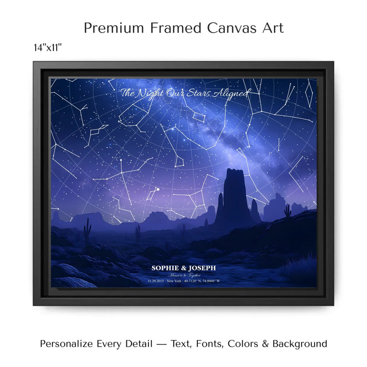 Personalized star map wall art with customizable background, title, names, date, location, and coordinates - 14x11 framed canvas-ARTFULANE