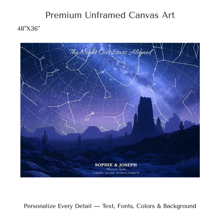 Personalized star map wall art with customizable background, title, names, date, location, and coordinates - 48x36 stretched canvas-ARTFULANE