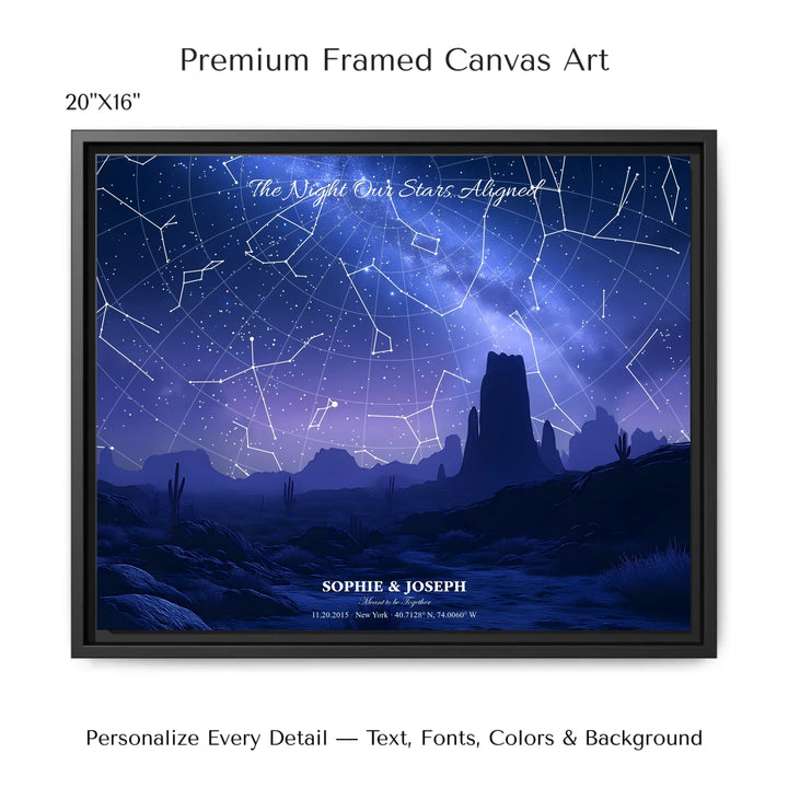 Personalized star map wall art with customizable background, title, names, date, location, and coordinates - 20x16 framed canvas-ARTFULANE