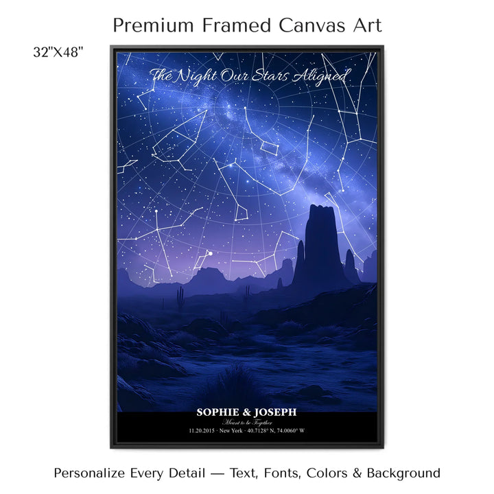 Personalized star map wall art with customizable background, title, names, date, location, and coordinates - 32x48 framed canvas-ARTFULANE