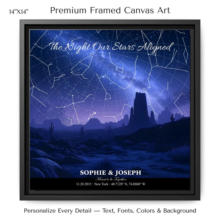 Personalized star map wall art with customizable background, title, names, date, location, and coordinates - 14x14 framed canvas-ARTFULANE