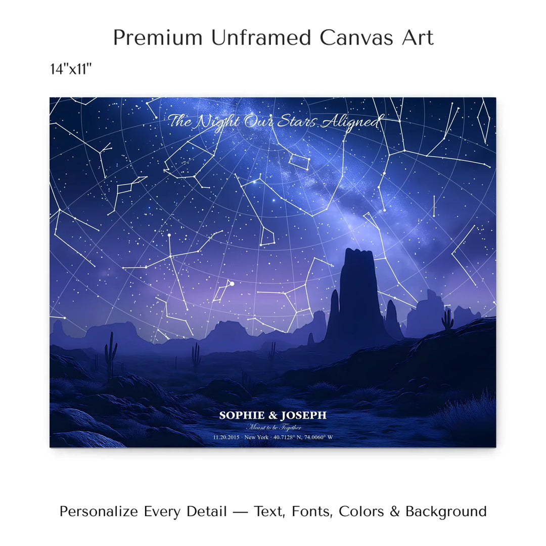 Personalized star map wall art with customizable background, title, names, date, location, and coordinates - 14x11 stretched canvas-ARTFULANE