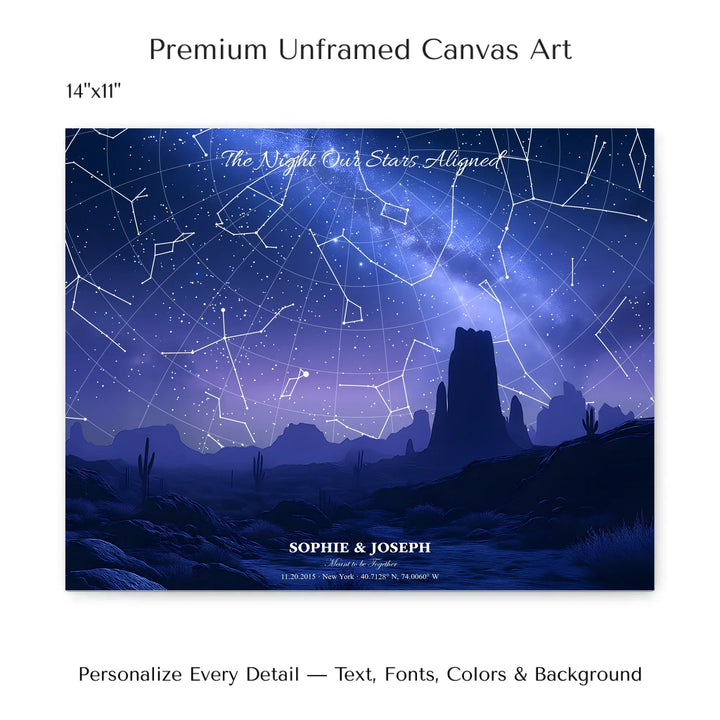 Personalized star map wall art with customizable background, title, names, date, location, and coordinates - 14x11 stretched canvas-ARTFULANE