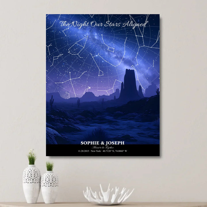 Personalized star map wall art with customizable background, title, names, date, location, and coordinates - unframed canvas on wall-ARTFULANE