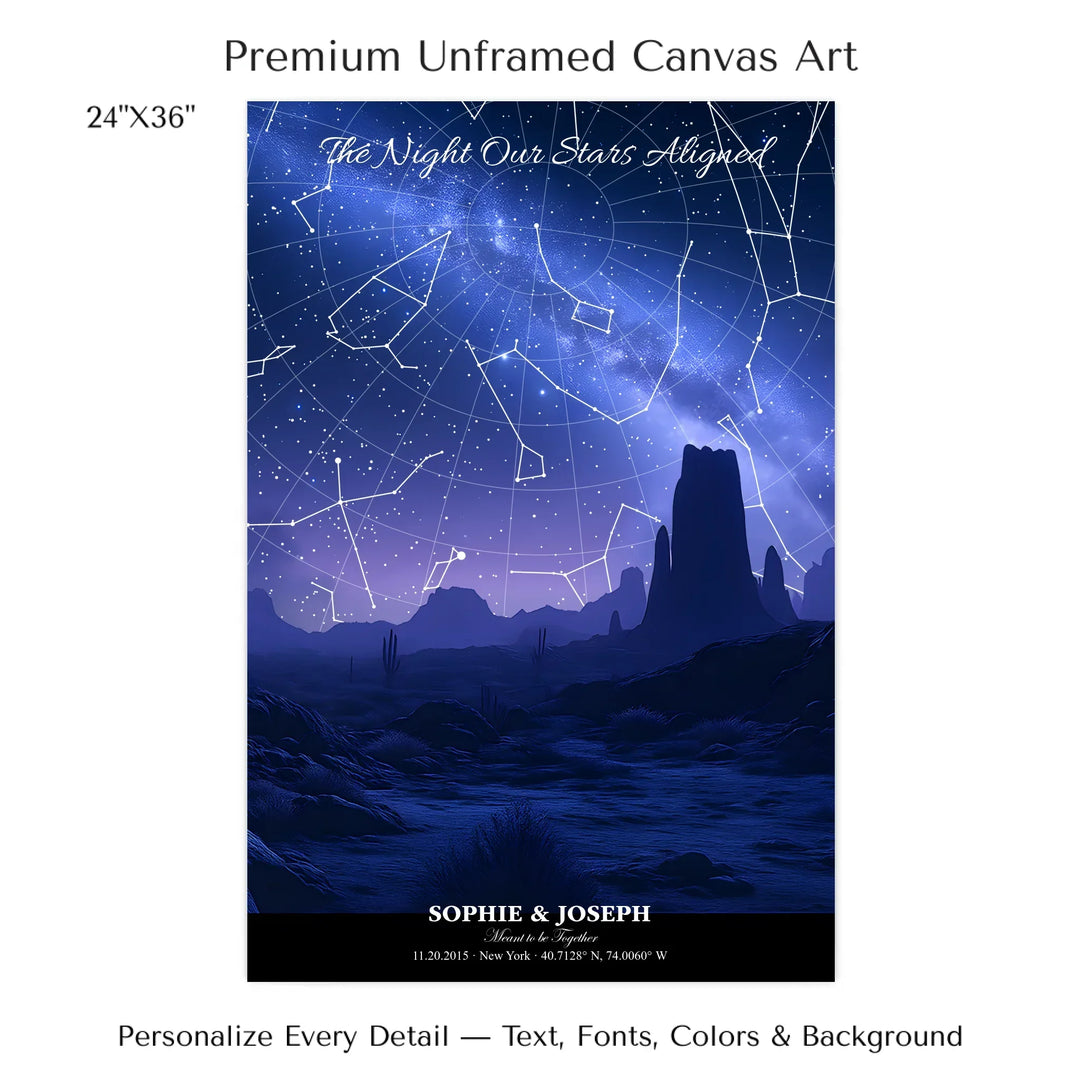 Personalized star map wall art with customizable background, title, names, date, location, and coordinates - 24x36 stretched canvas-ARTFULANE