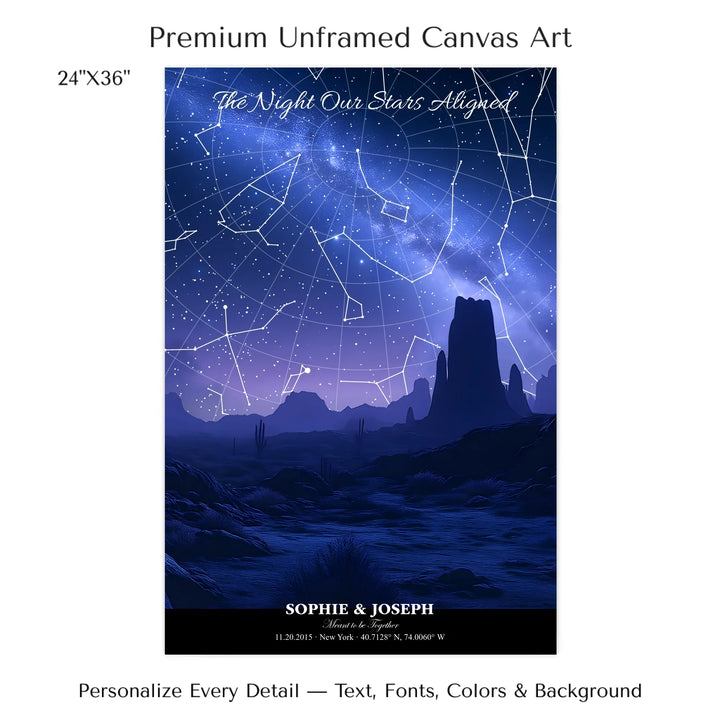Personalized star map wall art with customizable background, title, names, date, location, and coordinates - 24x36 stretched canvas-ARTFULANE