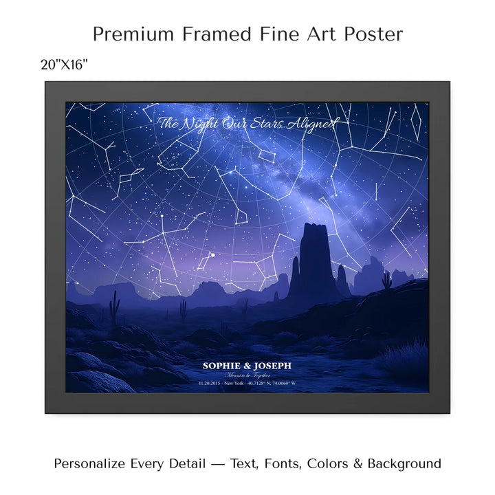 Personalized star map wall art with customizable background, title, names, date, location, and coordinates - 20x16 framed poster-ARTFULANE