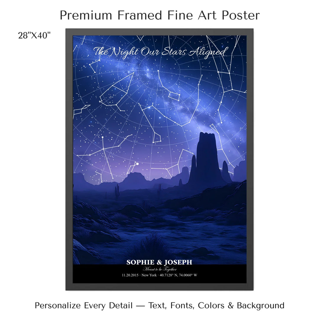 Personalized star map wall art with customizable background, title, names, date, location, and coordinates - 28x40 framed poster-ARTFULANE