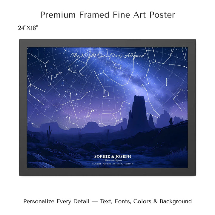 Personalized star map wall art with customizable background, title, names, date, location, and coordinates - 24x18 framed poster-ARTFULANE