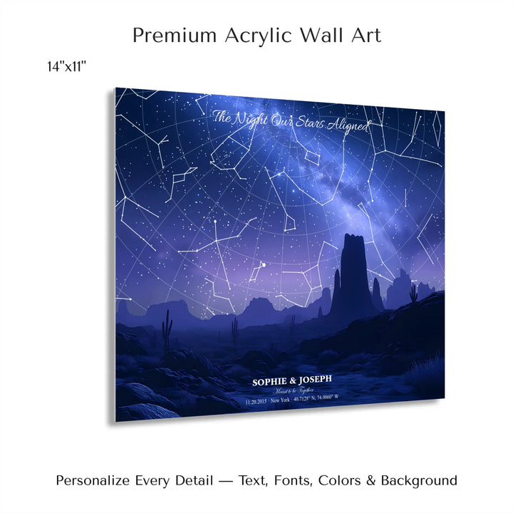 Personalized star map wall art with customizable background, title, names, date, location, and coordinates - 14x11 acrylic print with french cleat-ARTFULANE