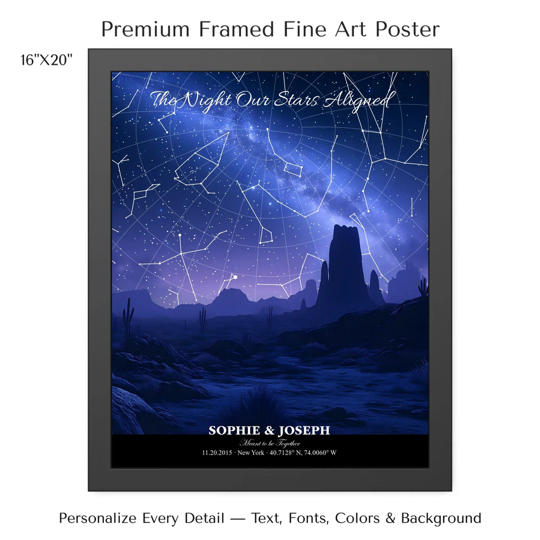 Personalized star map wall art with customizable background, title, names, date, location, and coordinates - 16x20 framed poster-ARTFULANE
